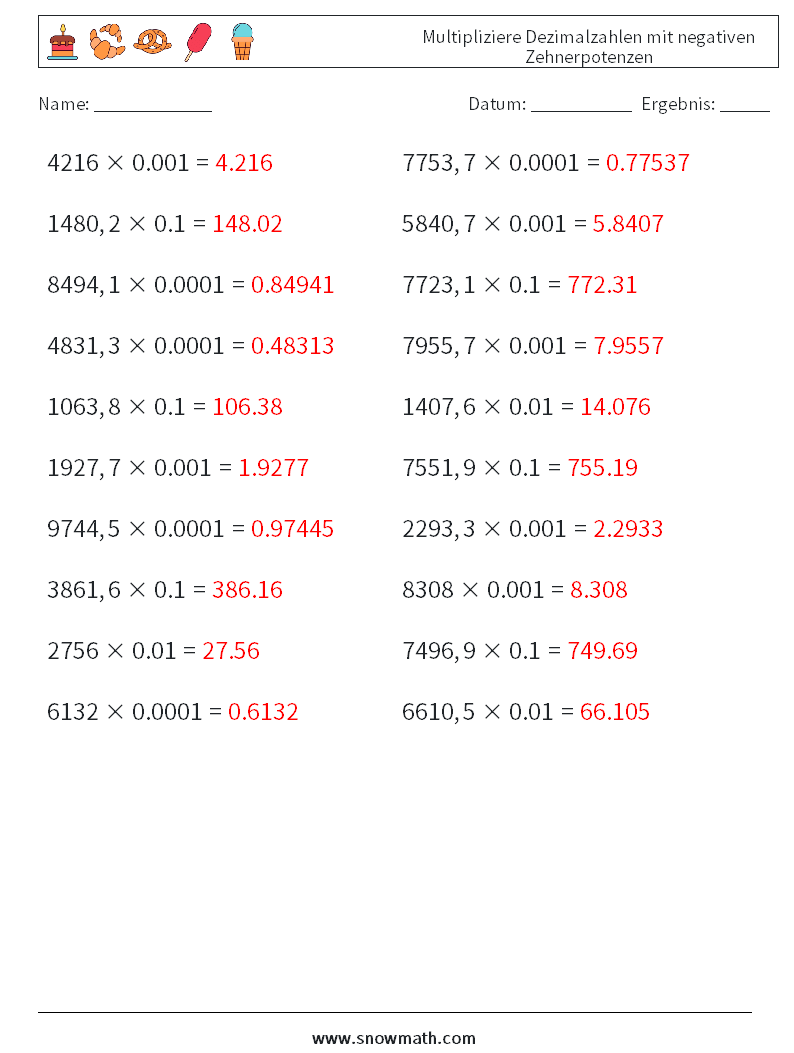 Multipliziere Dezimalzahlen mit negativen Zehnerpotenzen Mathe-Arbeitsblätter 8 Frage, Antwort