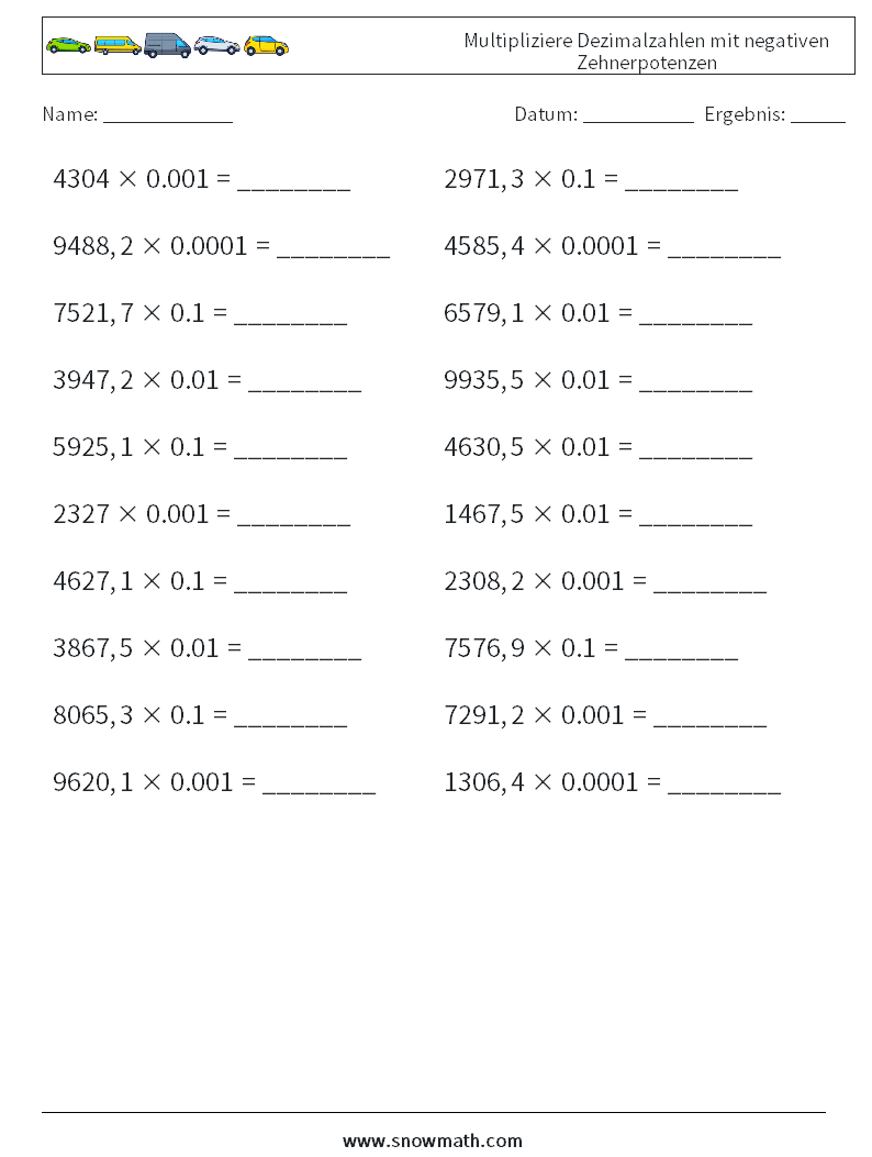 Multipliziere Dezimalzahlen mit negativen Zehnerpotenzen Mathe-Arbeitsblätter 9