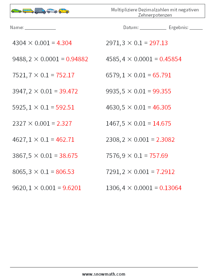 Multipliziere Dezimalzahlen mit negativen Zehnerpotenzen Mathe-Arbeitsblätter 9 Frage, Antwort