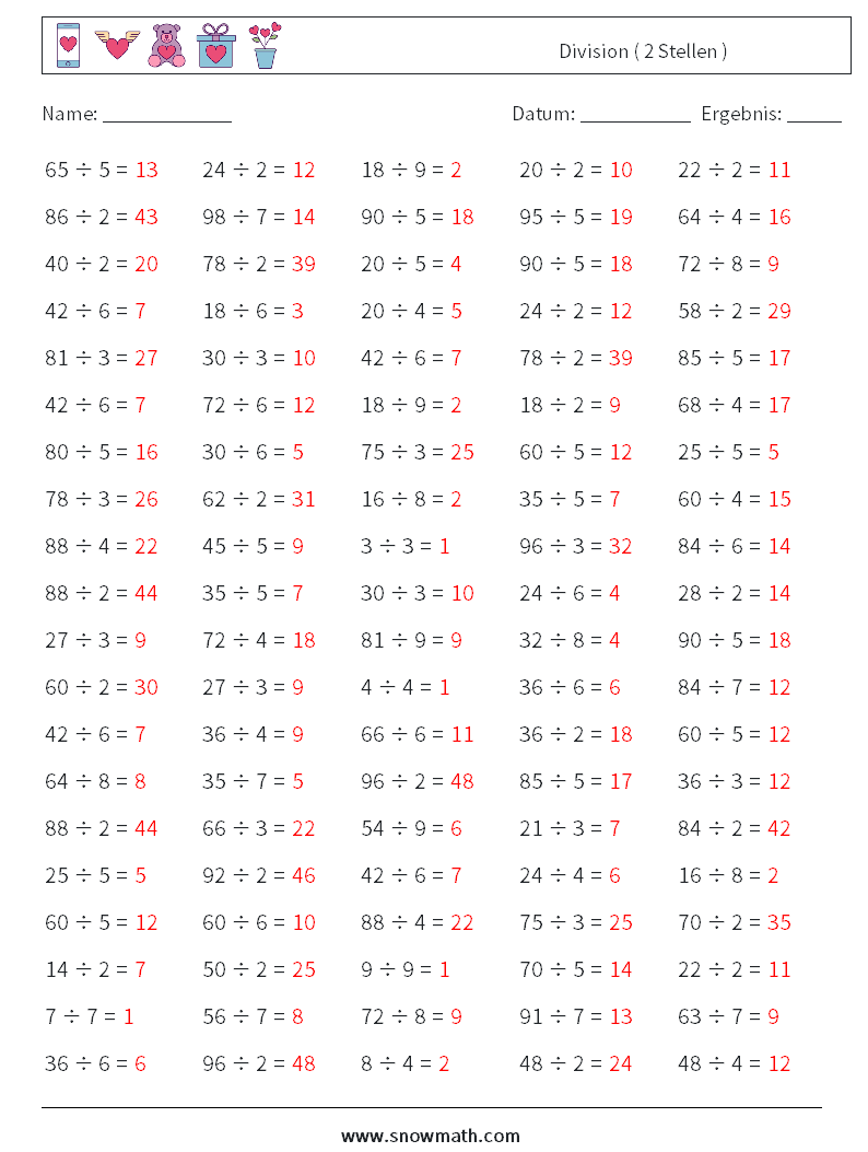 (100) Division ( 2 Stellen ) Mathe-Arbeitsblätter 1 Frage, Antwort