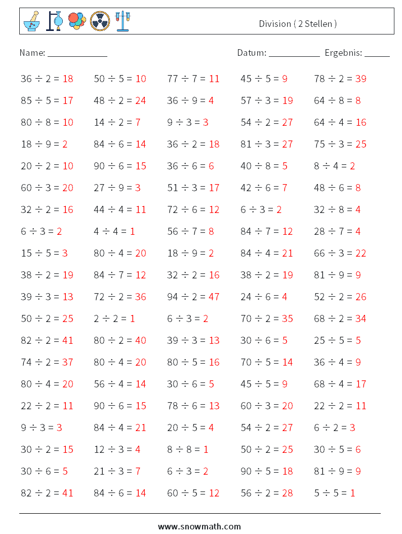 (100) Division ( 2 Stellen ) Mathe-Arbeitsblätter 2 Frage, Antwort