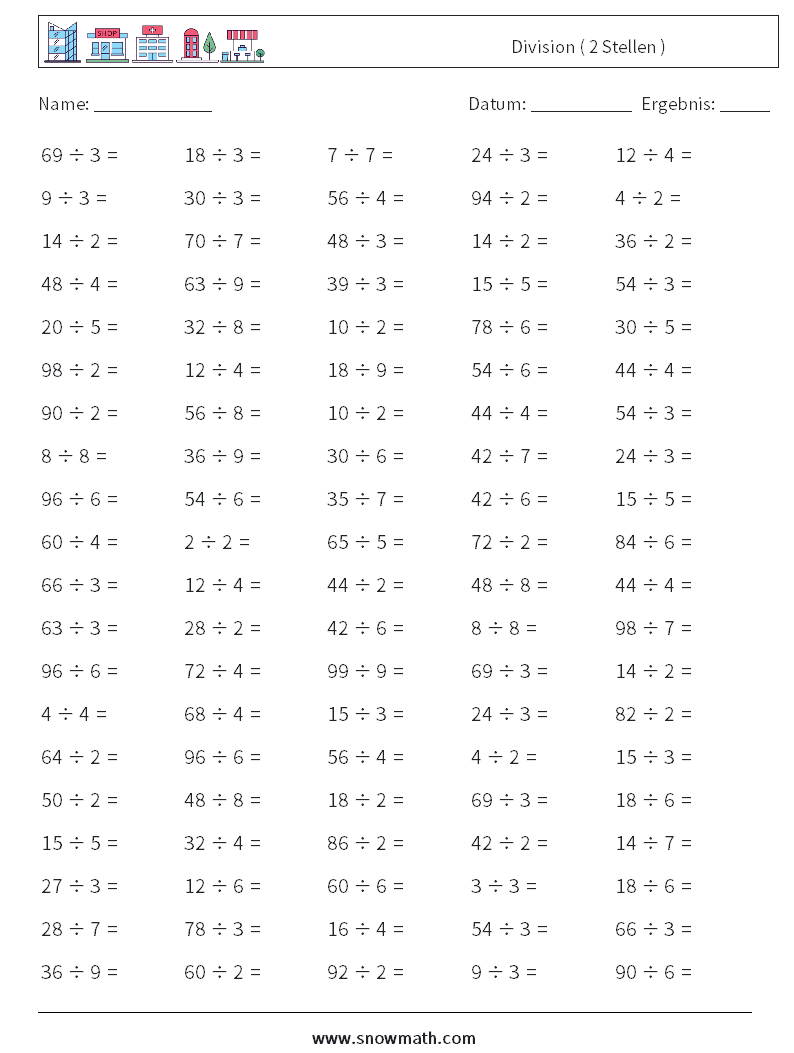 (100) Division ( 2 Stellen ) Mathe-Arbeitsblätter 3