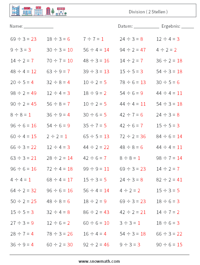 (100) Division ( 2 Stellen ) Mathe-Arbeitsblätter 3 Frage, Antwort
