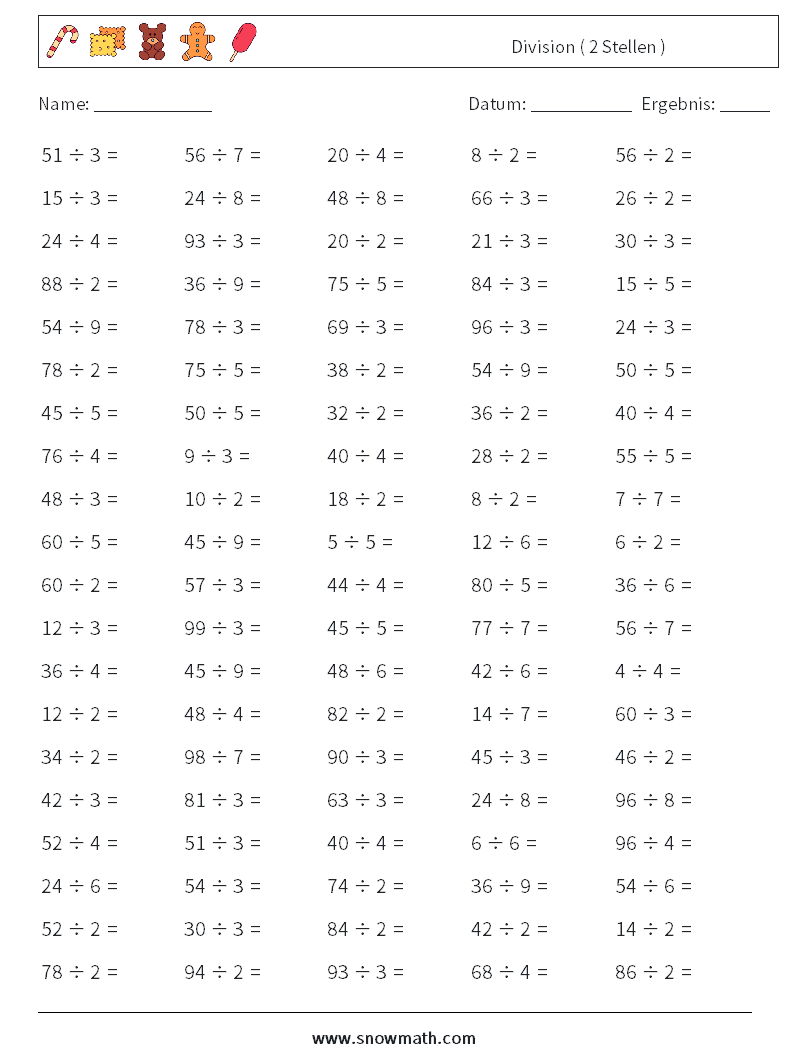(100) Division ( 2 Stellen ) Mathe-Arbeitsblätter 4