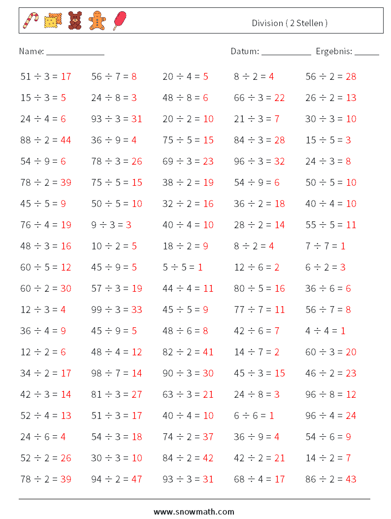 (100) Division ( 2 Stellen ) Mathe-Arbeitsblätter 4 Frage, Antwort