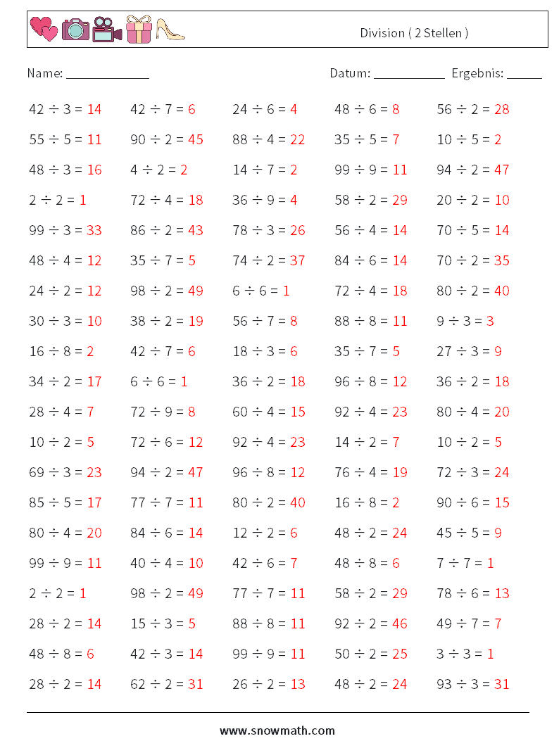 (100) Division ( 2 Stellen ) Mathe-Arbeitsblätter 5 Frage, Antwort