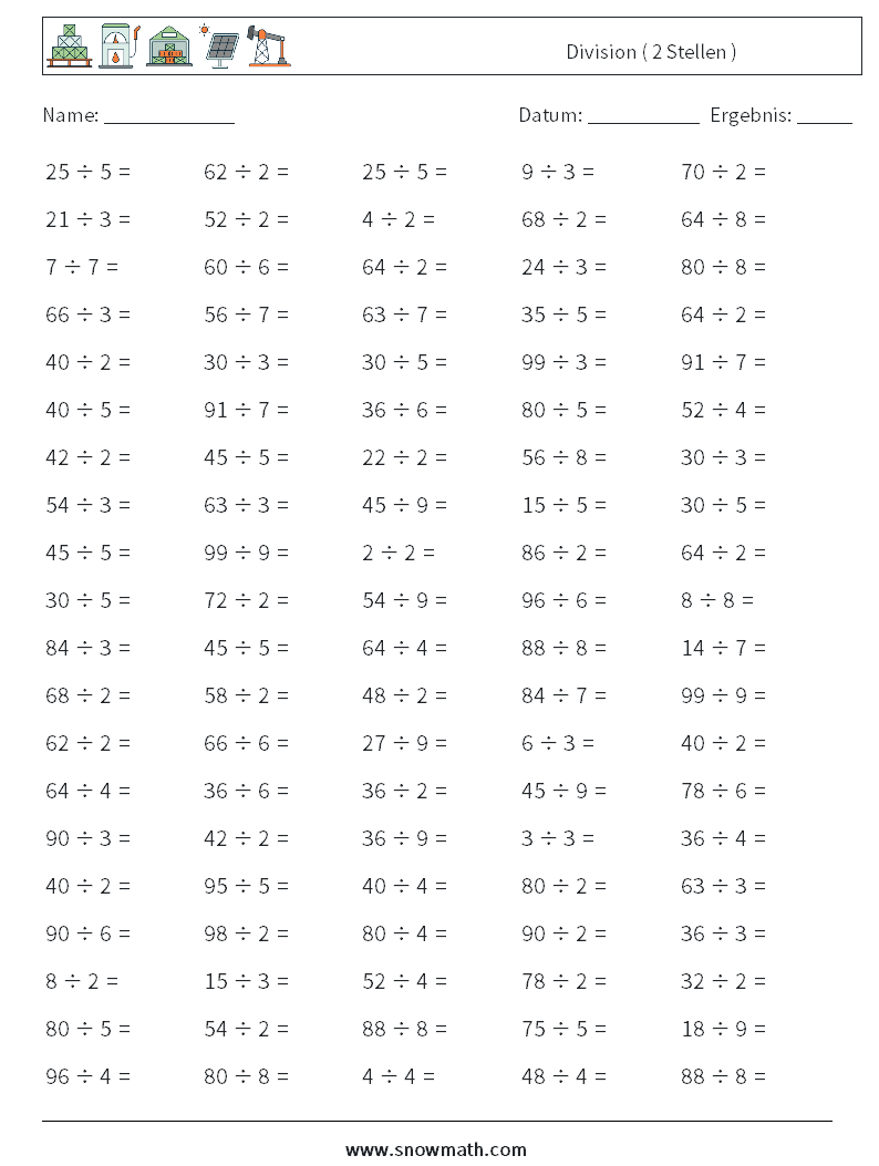 (100) Division ( 2 Stellen ) Mathe-Arbeitsblätter 6