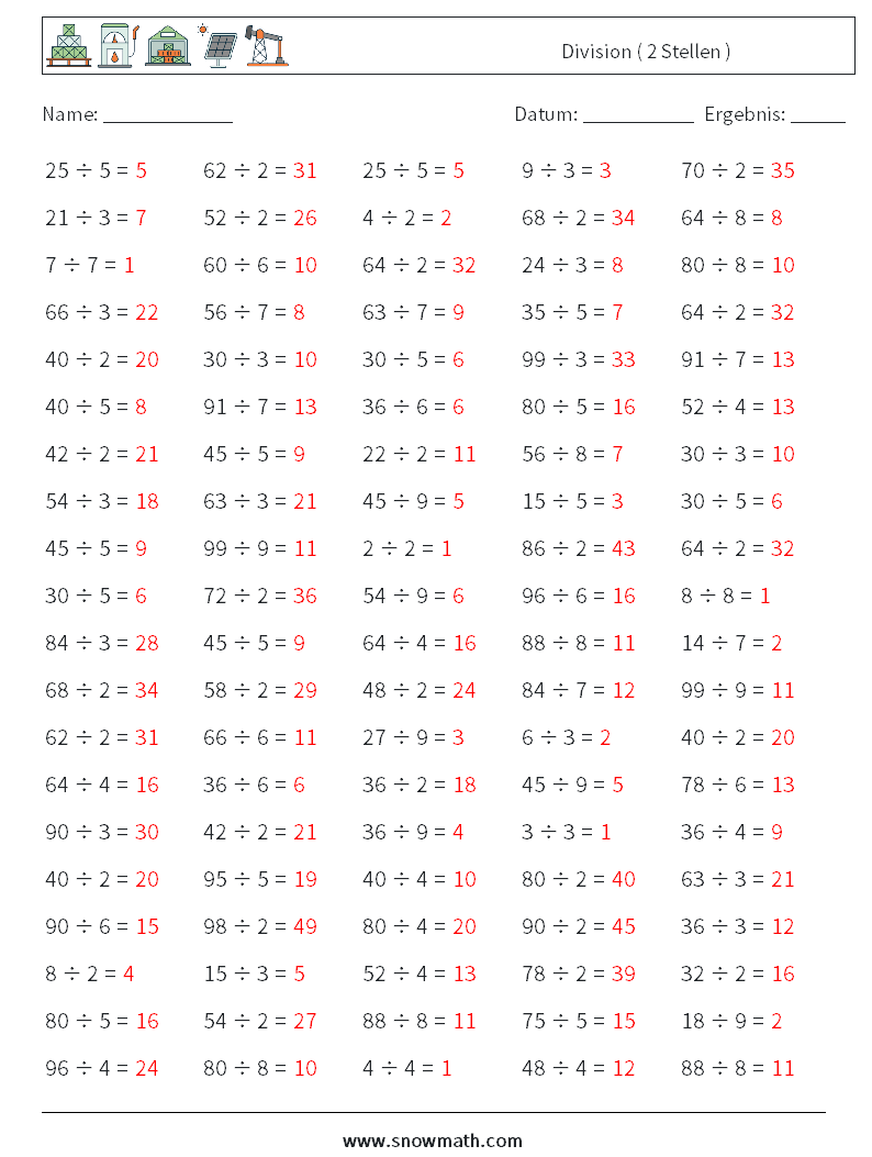 (100) Division ( 2 Stellen ) Mathe-Arbeitsblätter 6 Frage, Antwort