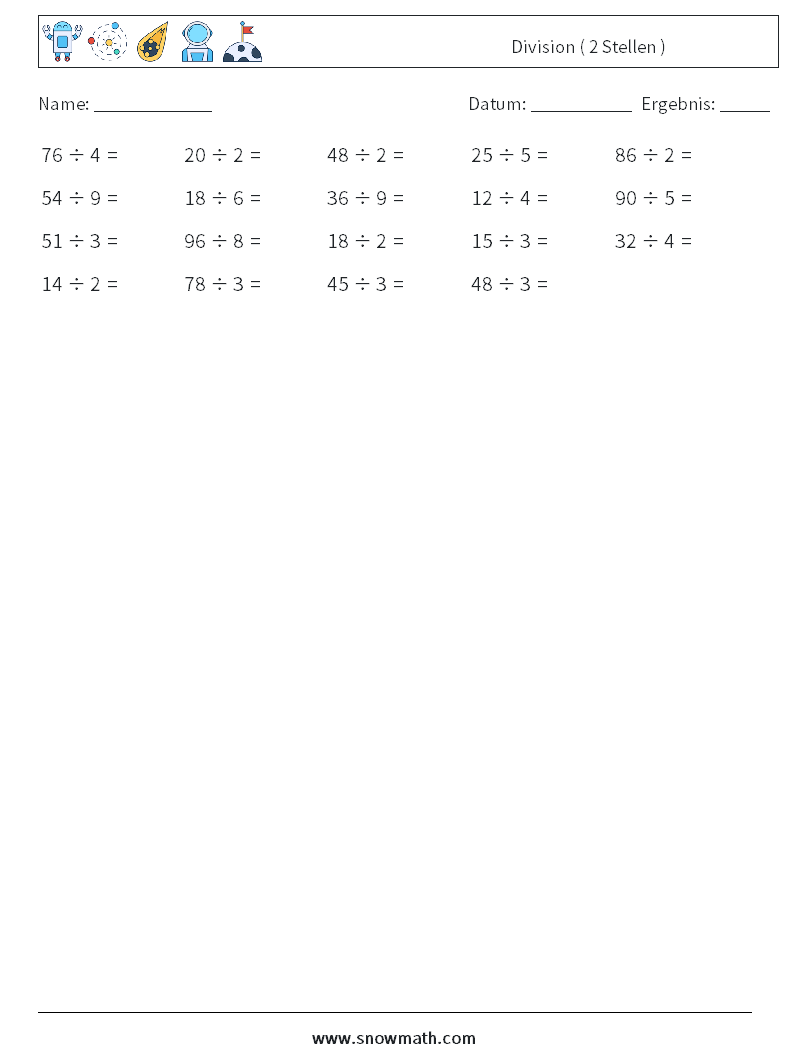 (100) Division ( 2 Stellen ) Mathe-Arbeitsblätter 7