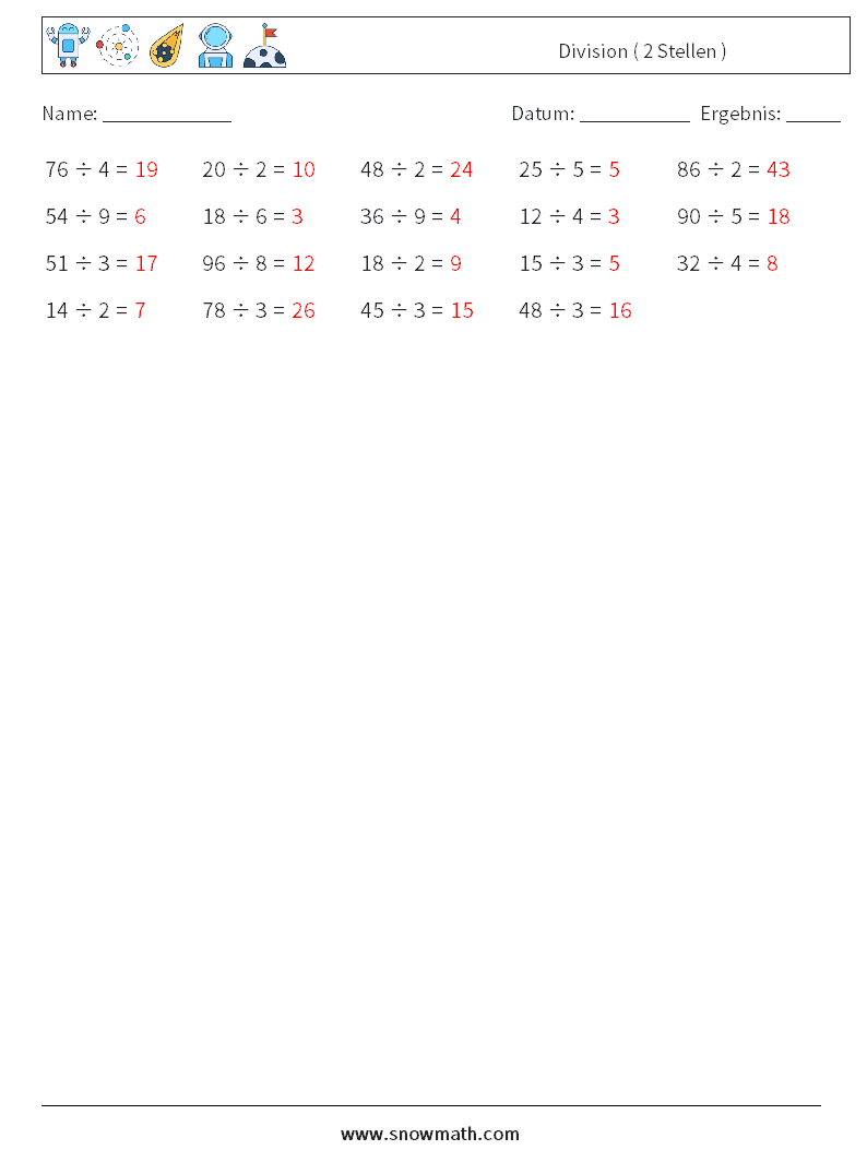 (100) Division ( 2 Stellen ) Mathe-Arbeitsblätter 7 Frage, Antwort