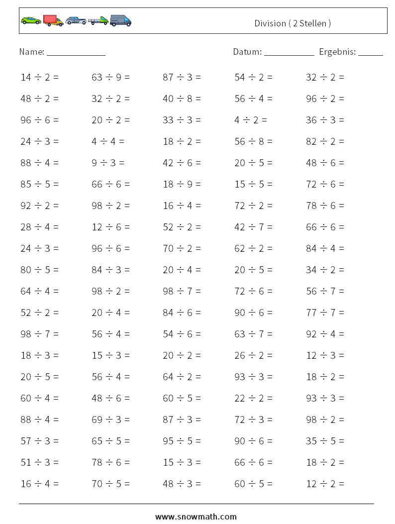 (100) Division ( 2 Stellen ) Mathe-Arbeitsblätter 8