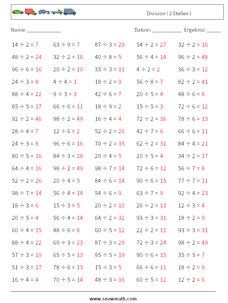 (100) Division ( 2 Stellen ) Mathe-Arbeitsblätter 8 Frage, Antwort