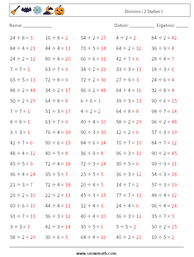 (100) Division ( 2 Stellen ) Mathe-Arbeitsblätter 9 Frage, Antwort