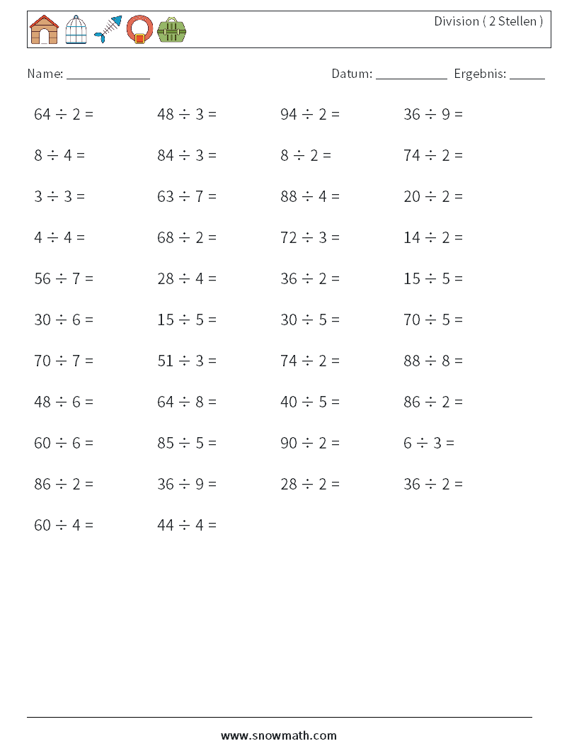 (50) Division ( 2 Stellen ) Mathe-Arbeitsblätter 1