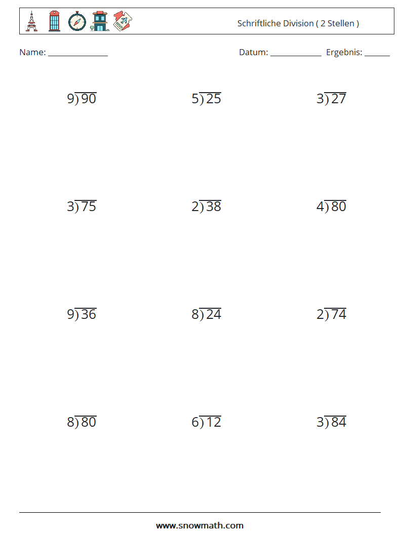 (12) Schriftliche Division ( 2 Stellen ) Mathe-Arbeitsblätter 1