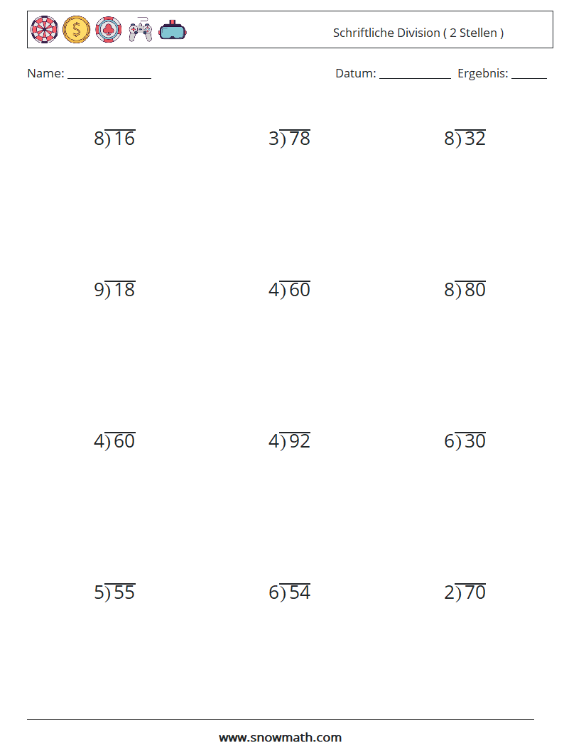 (12) Schriftliche Division ( 2 Stellen ) Mathe-Arbeitsblätter 10