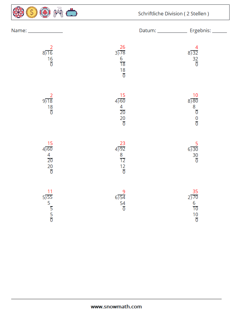 (12) Schriftliche Division ( 2 Stellen ) Mathe-Arbeitsblätter 10 Frage, Antwort
