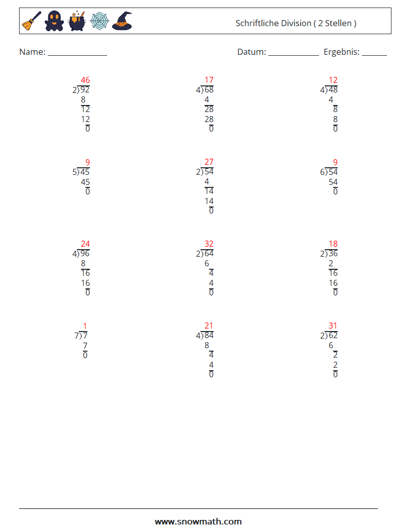 (12) Schriftliche Division ( 2 Stellen ) Mathe-Arbeitsblätter 11 Frage, Antwort