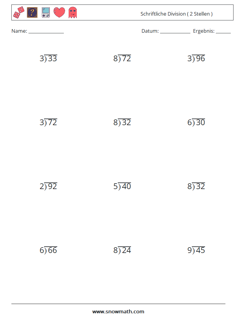 (12) Schriftliche Division ( 2 Stellen ) Mathe-Arbeitsblätter 12