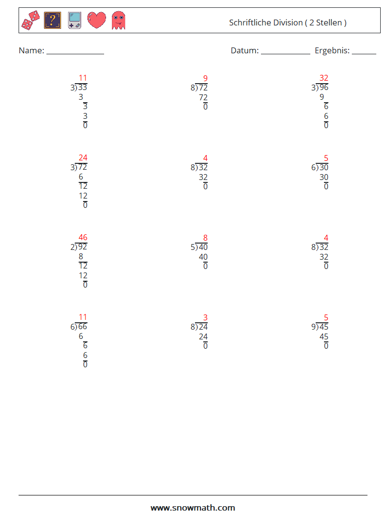 (12) Schriftliche Division ( 2 Stellen ) Mathe-Arbeitsblätter 12 Frage, Antwort