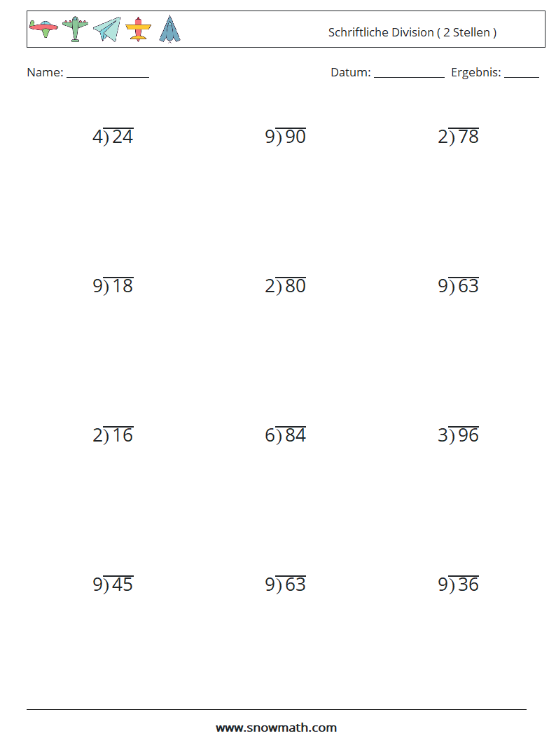 (12) Schriftliche Division ( 2 Stellen ) Mathe-Arbeitsblätter 13