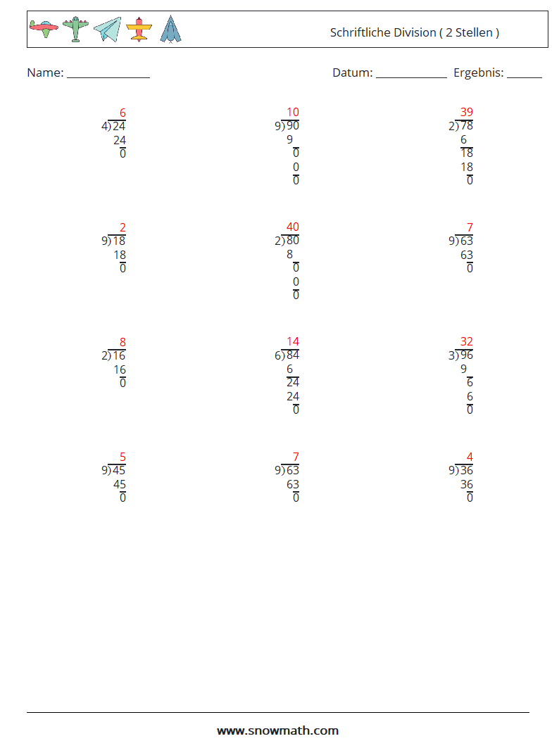 (12) Schriftliche Division ( 2 Stellen ) Mathe-Arbeitsblätter 13 Frage, Antwort