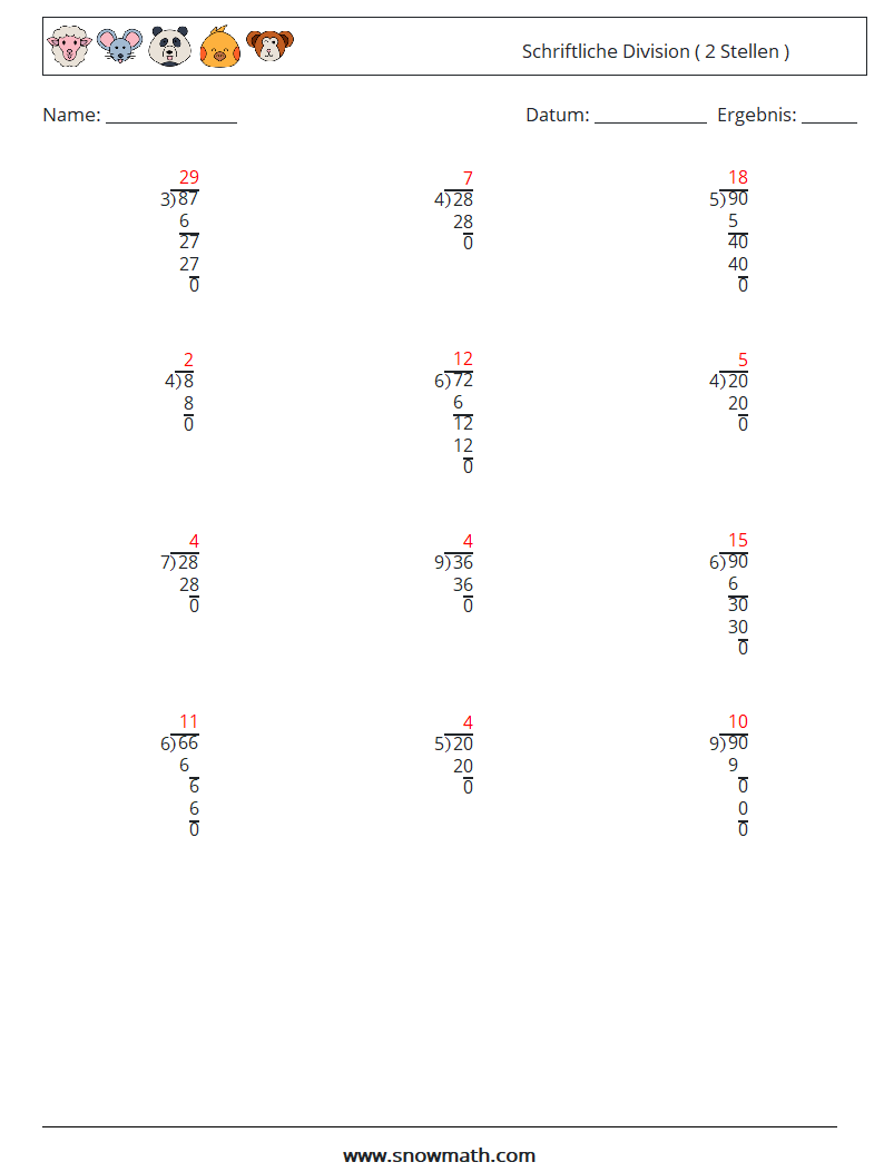 (12) Schriftliche Division ( 2 Stellen ) Mathe-Arbeitsblätter 14 Frage, Antwort