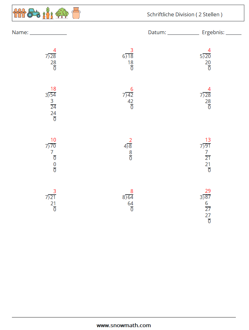 (12) Schriftliche Division ( 2 Stellen ) Mathe-Arbeitsblätter 16 Frage, Antwort