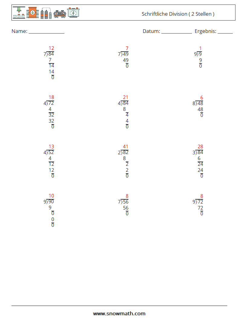 (12) Schriftliche Division ( 2 Stellen ) Mathe-Arbeitsblätter 18 Frage, Antwort
