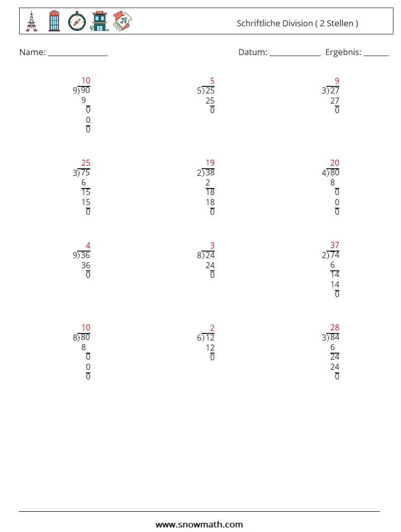 (12) Schriftliche Division ( 2 Stellen ) Mathe-Arbeitsblätter 1 Frage, Antwort