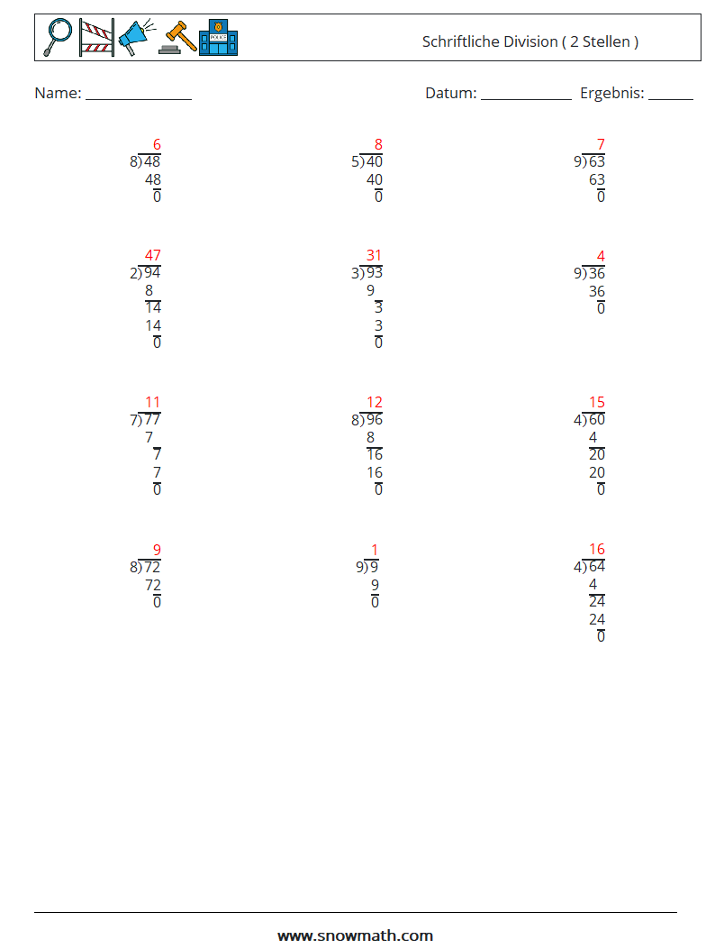 (12) Schriftliche Division ( 2 Stellen ) Mathe-Arbeitsblätter 2 Frage, Antwort