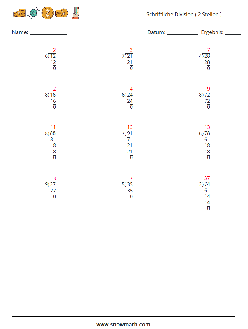 (12) Schriftliche Division ( 2 Stellen ) Mathe-Arbeitsblätter 3 Frage, Antwort