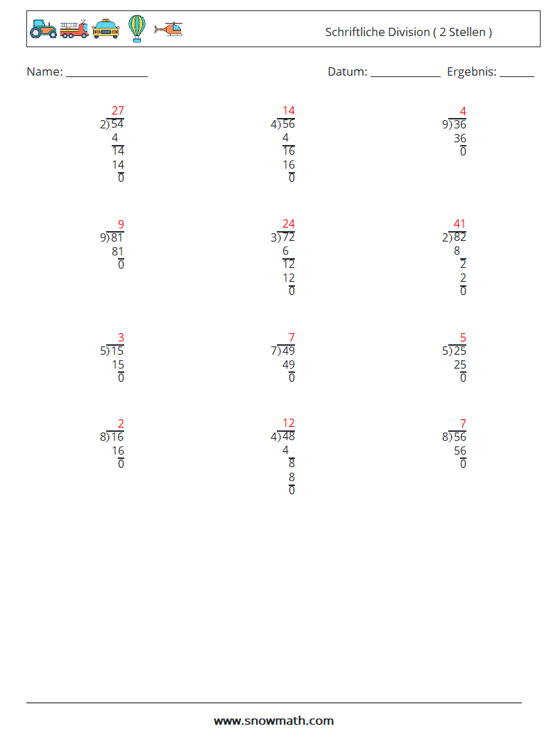 (12) Schriftliche Division ( 2 Stellen ) Mathe-Arbeitsblätter 4 Frage, Antwort