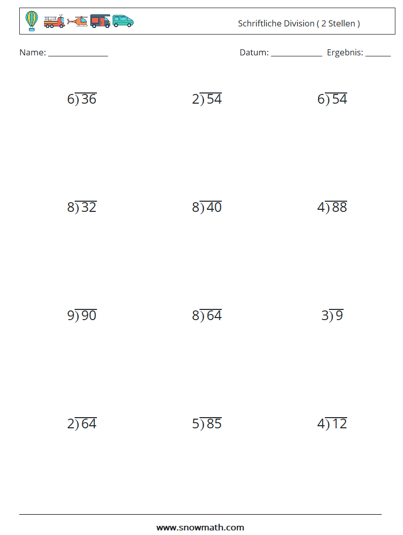 (12) Schriftliche Division ( 2 Stellen ) Mathe-Arbeitsblätter 5