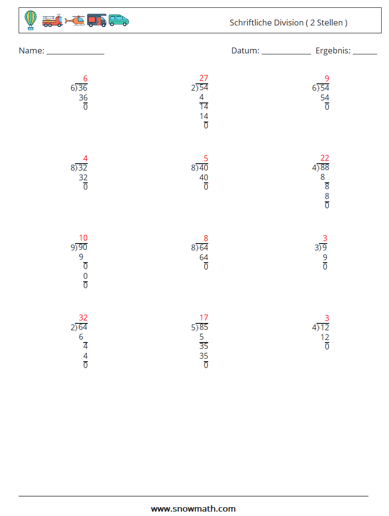 (12) Schriftliche Division ( 2 Stellen ) Mathe-Arbeitsblätter 5 Frage, Antwort