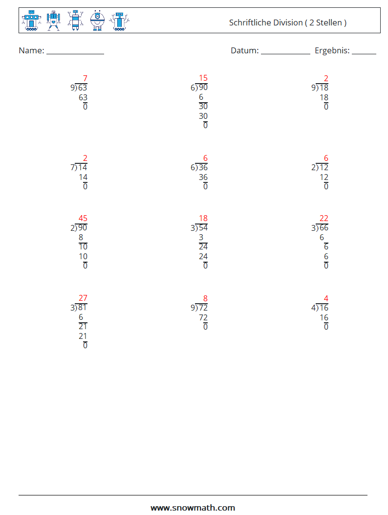 (12) Schriftliche Division ( 2 Stellen ) Mathe-Arbeitsblätter 7 Frage, Antwort