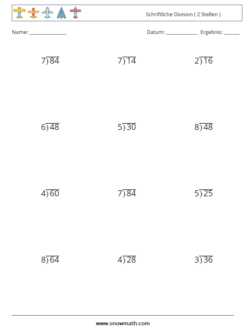 (12) Schriftliche Division ( 2 Stellen ) Mathe-Arbeitsblätter 8