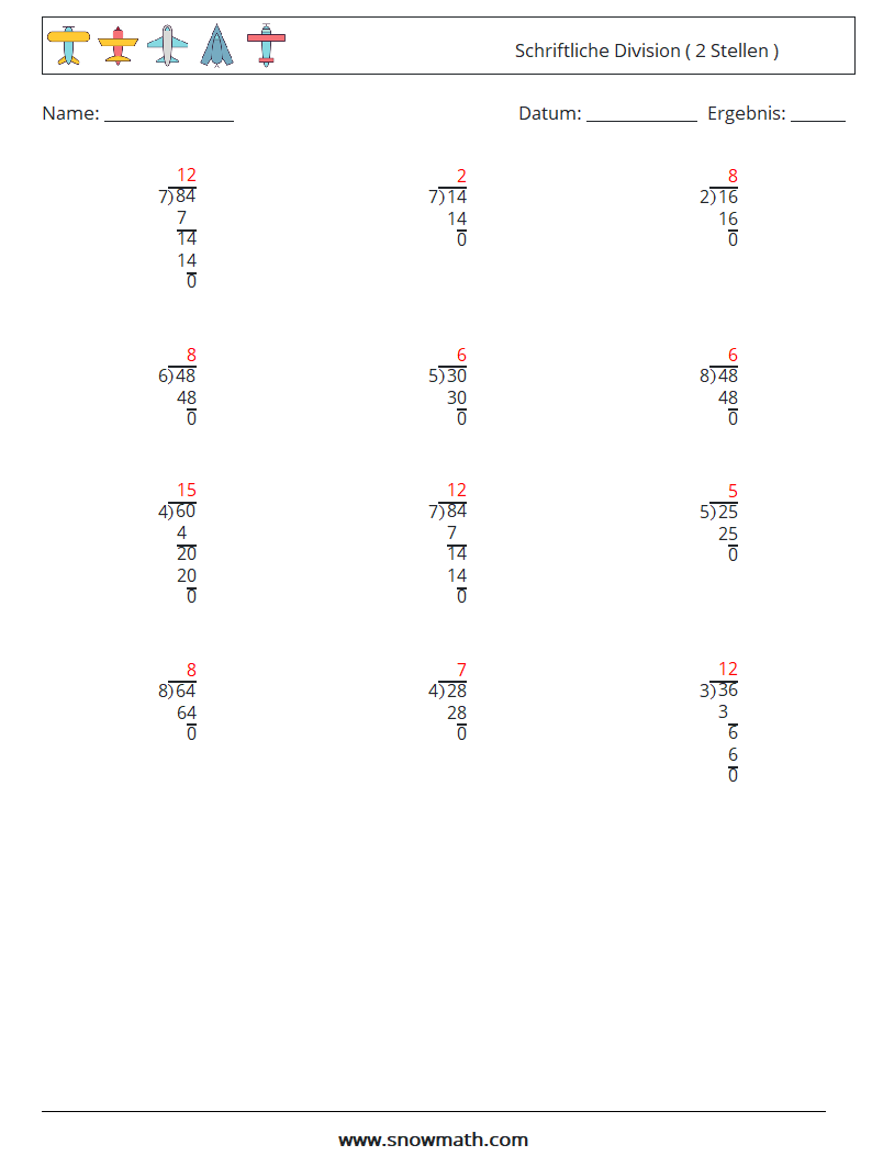 (12) Schriftliche Division ( 2 Stellen ) Mathe-Arbeitsblätter 8 Frage, Antwort