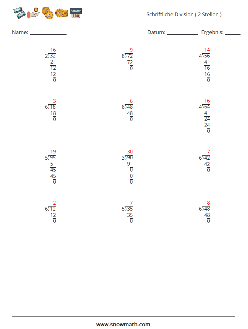 (12) Schriftliche Division ( 2 Stellen ) Mathe-Arbeitsblätter 9 Frage, Antwort