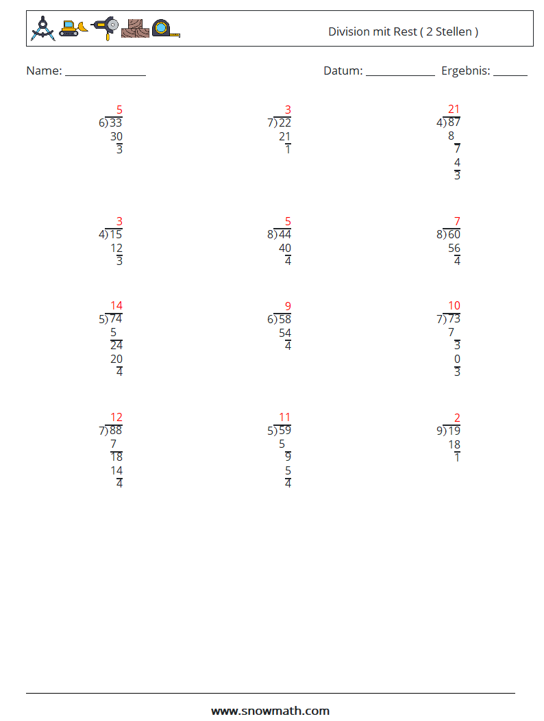 (12) Division mit Rest ( 2 Stellen ) Mathe-Arbeitsblätter 10 Frage, Antwort