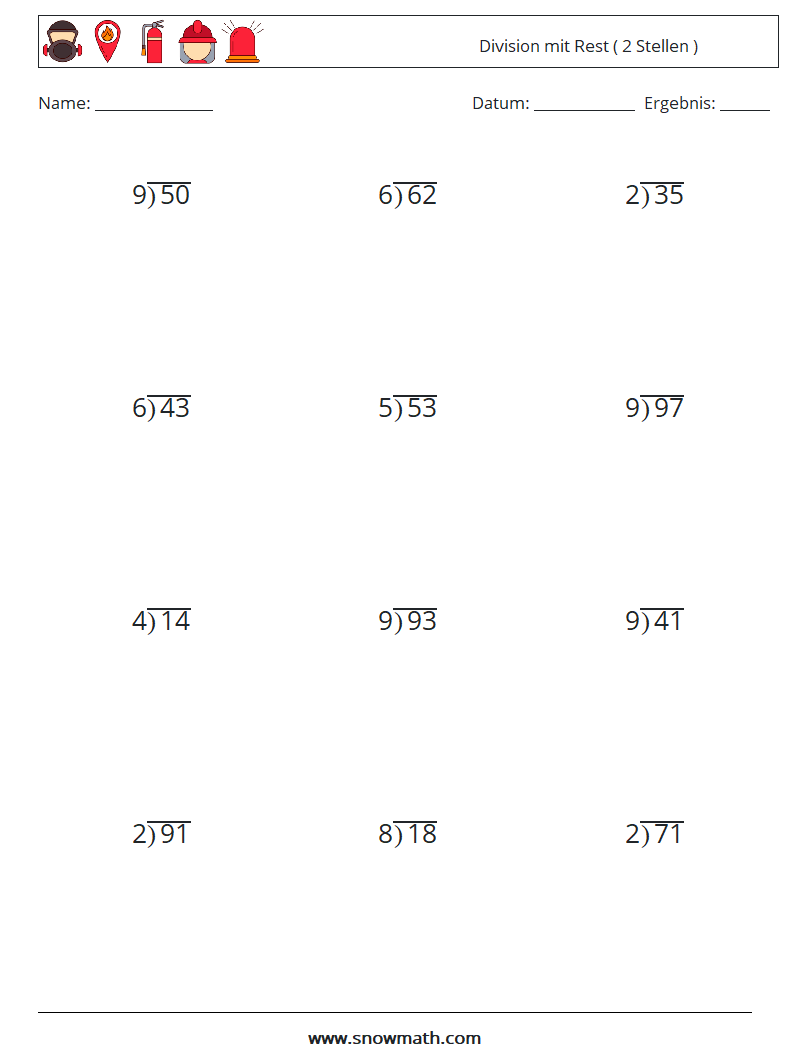 (12) Division mit Rest ( 2 Stellen ) Mathe-Arbeitsblätter 11