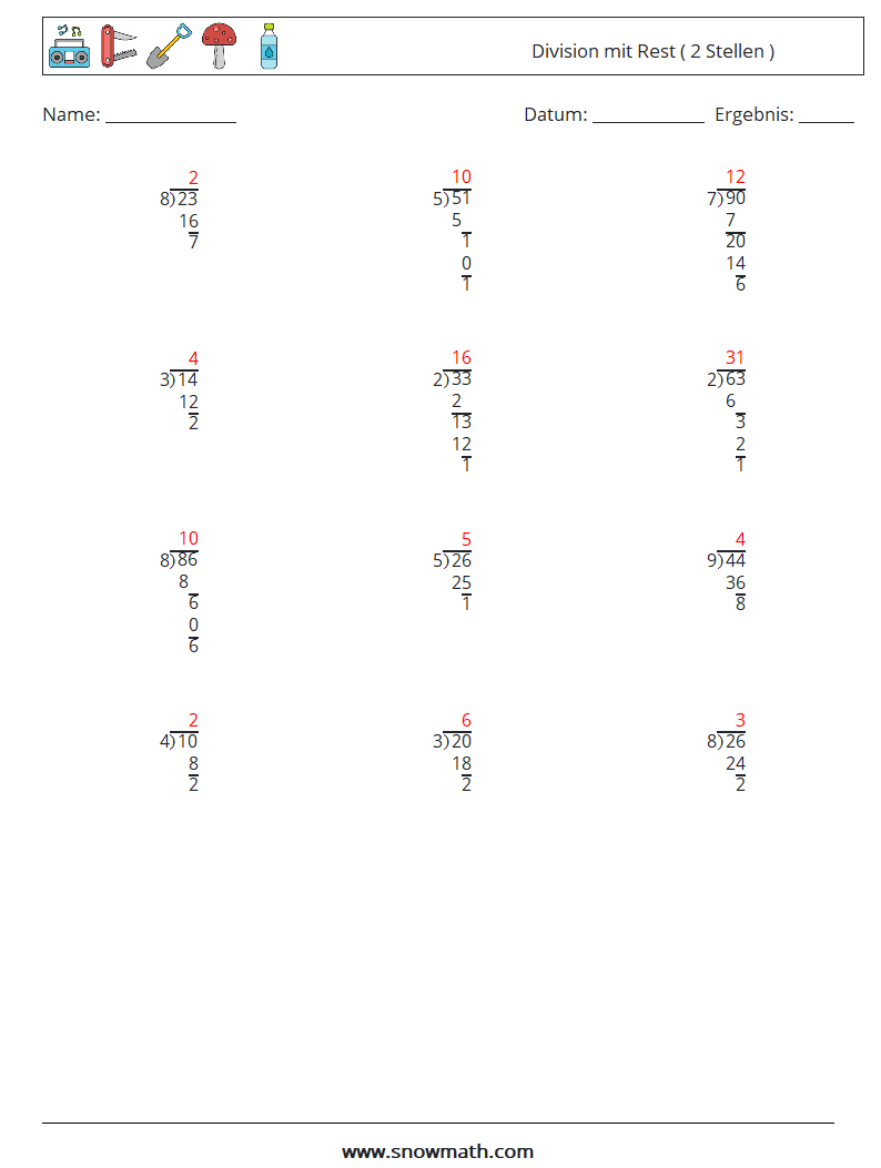 (12) Division mit Rest ( 2 Stellen ) Mathe-Arbeitsblätter 12 Frage, Antwort