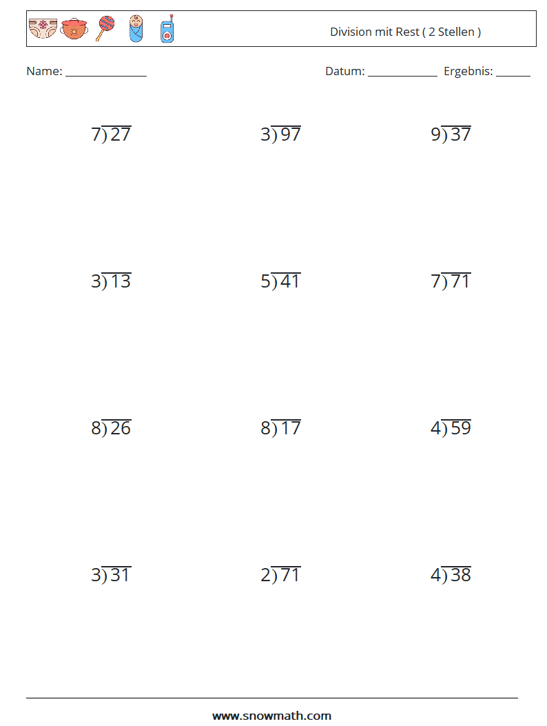 (12) Division mit Rest ( 2 Stellen ) Mathe-Arbeitsblätter 13