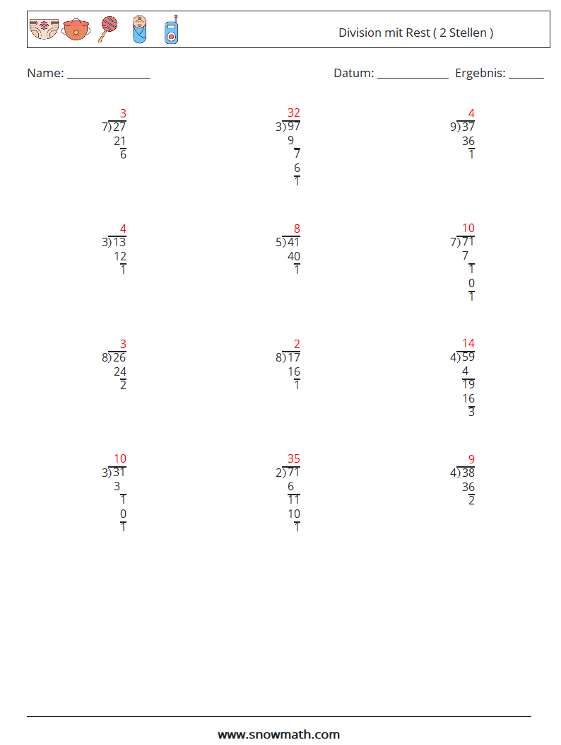 (12) Division mit Rest ( 2 Stellen ) Mathe-Arbeitsblätter 13 Frage, Antwort