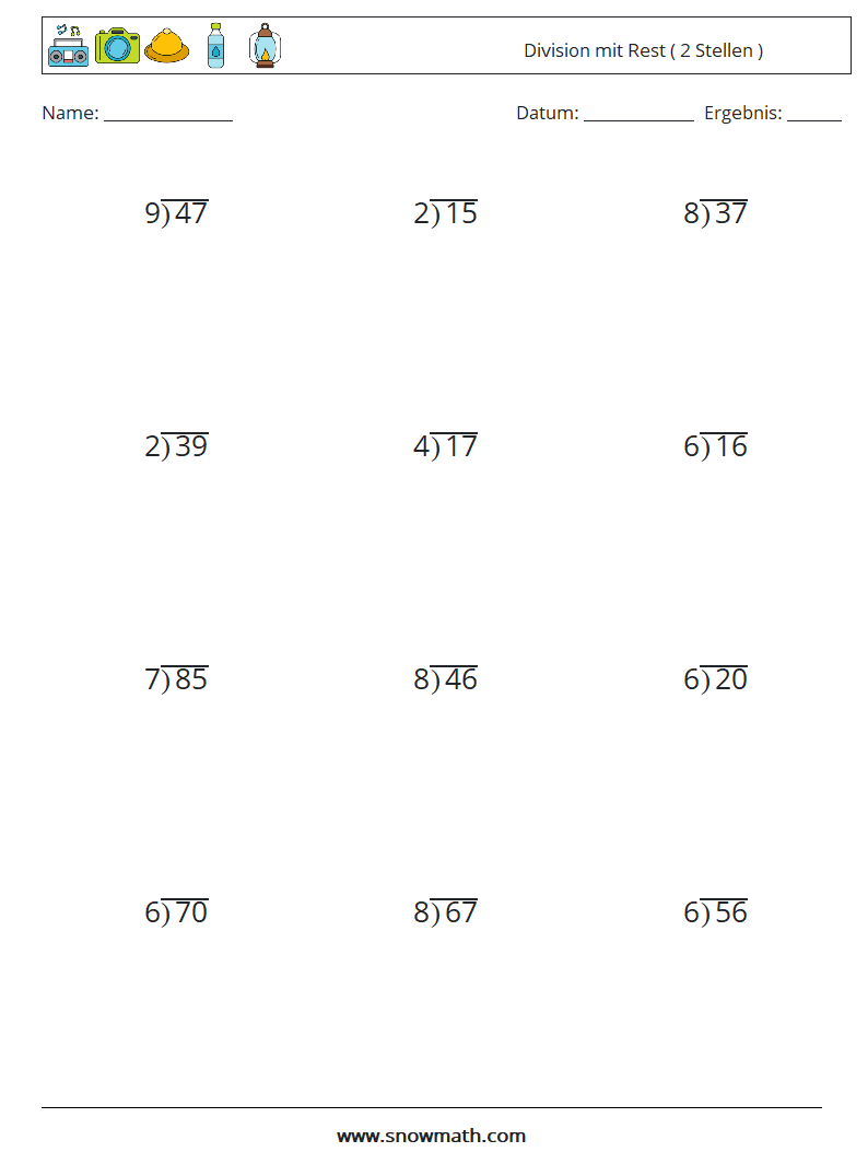 (12) Division mit Rest ( 2 Stellen ) Mathe-Arbeitsblätter 14