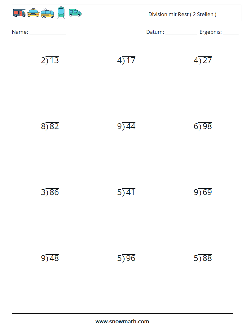 (12) Division mit Rest ( 2 Stellen ) Mathe-Arbeitsblätter 16