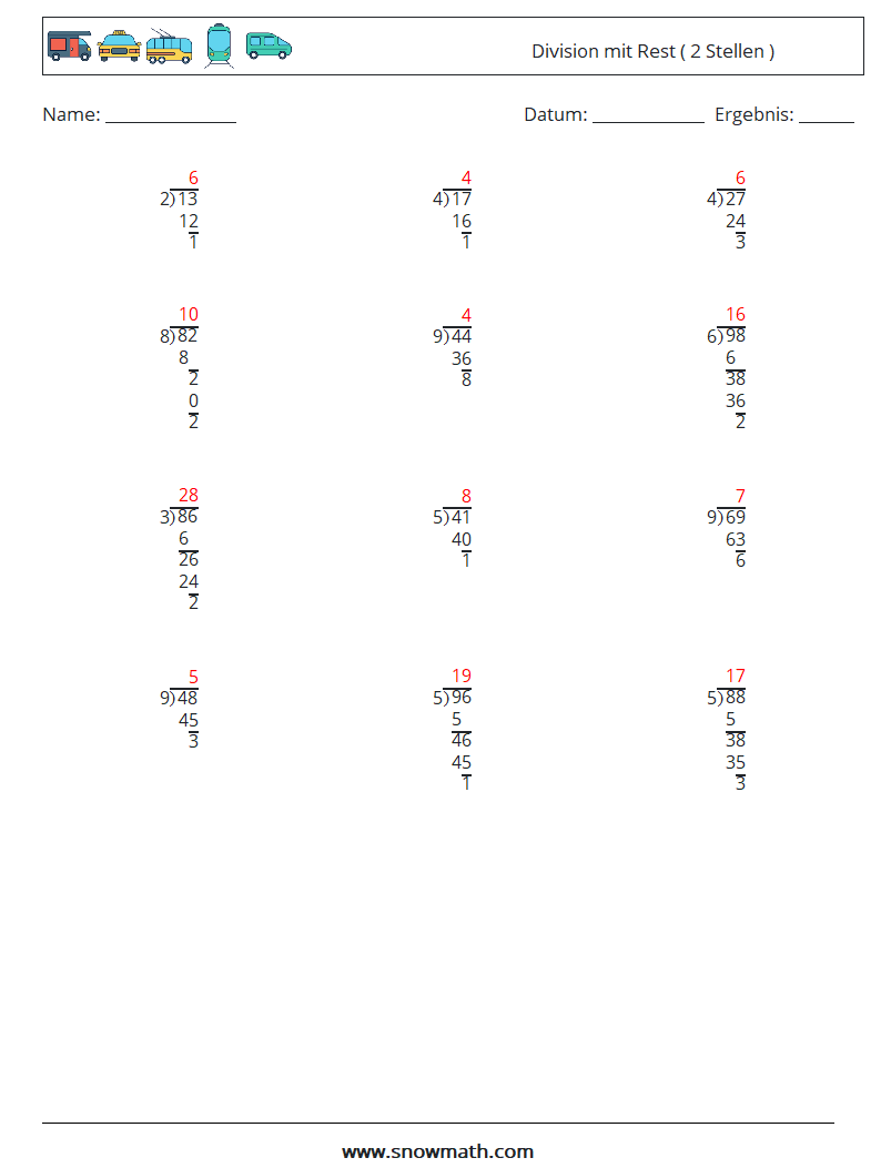 (12) Division mit Rest ( 2 Stellen ) Mathe-Arbeitsblätter 16 Frage, Antwort