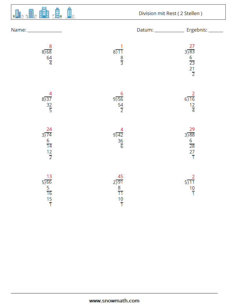 (12) Division mit Rest ( 2 Stellen ) Mathe-Arbeitsblätter 17 Frage, Antwort