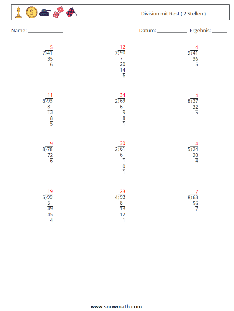 (12) Division mit Rest ( 2 Stellen ) Mathe-Arbeitsblätter 18 Frage, Antwort