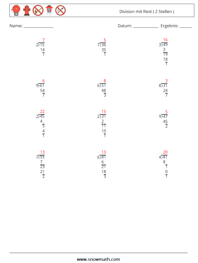 (12) Division mit Rest ( 2 Stellen ) Mathe-Arbeitsblätter 1 Frage, Antwort